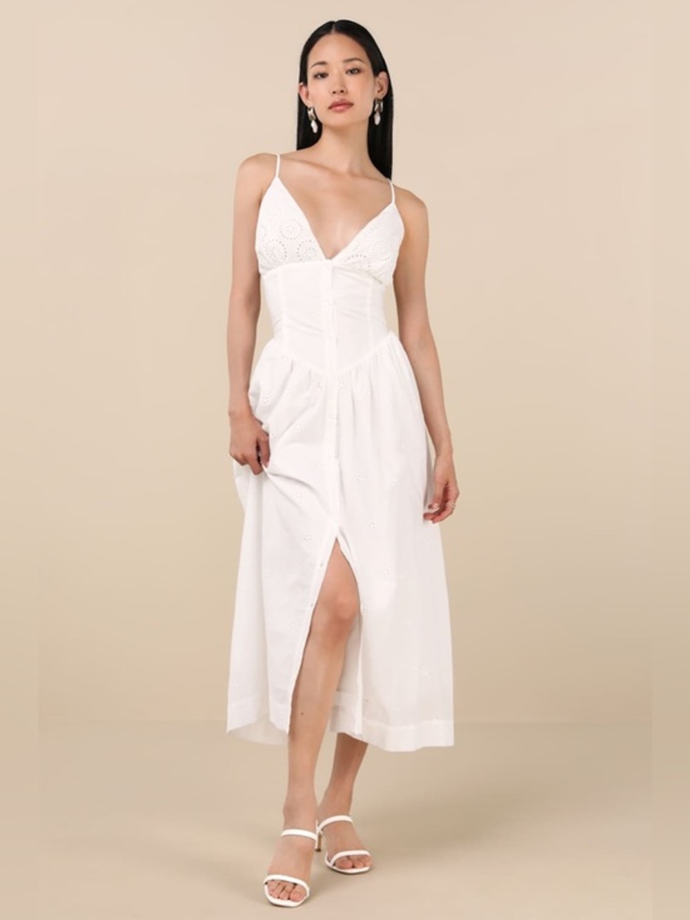 Lulu’s Zahrah Eyelet Embroidered Button Front Midi Dress
